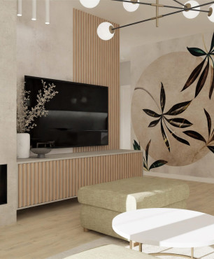 Salon z betonem ozdobnym na ścianie oraz z lamelem drewnianym i miejscem do przechowywania drewna do kominka