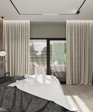 Duża sypialnia z dużym, tapicerowanym łóżkiem kontynentalnym w kolorze kremowym