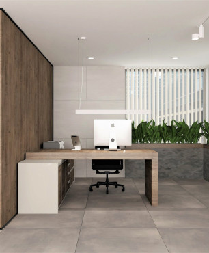 Biuro w stylu nowoczesnym z szarymi płytkami na podłodze
