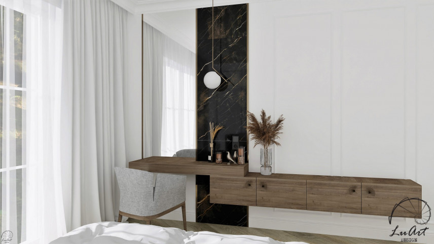 Sypialnia MODERN CLASSIC z drewniną szafką montowaną do ściany