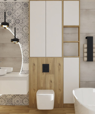 Łazienka w stylu skandynawskim z okrągłym lustrem oraz wzorzystą płytką na ścianie