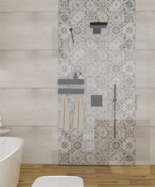 Łazienka z wzorzystą płytką na ścianie oraz prysznicem walk-in