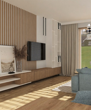 Salon z drewnianym lamelem na ścianie z telewizorem