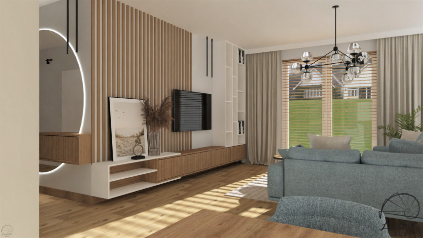 Salon z drewnianym lamelem na ścianie z telewizorem