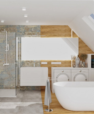 Duża łazienka na poddaszu z carpet + beton + drewno