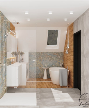 Łazienka na poddaszu z wykorzystaniem płytek carpet, betonowych oraz z imitacją drewnianych