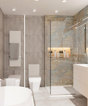 Łazienka z płytkami carpet pod prysznicem z brodzikiem