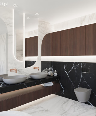 Projekt łazienki w stylu  Art Deco z dwoma zlewami nablatowymi