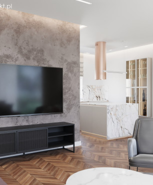 Salon z telewizorem zamontowanym do ściany z ozdobnym betonem architektonicznym