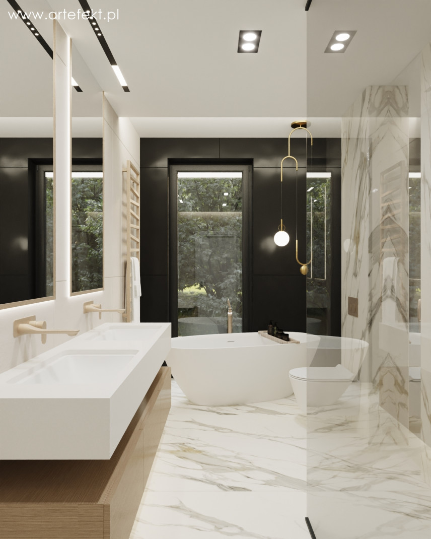 Łazienka w stylu nowoczesnym z wanną ceramiczną wolnostojącą oraz z prysznicem