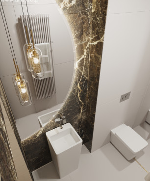 Łazienka z półokrągłym lustrem oraz ciemnymi gresowymi płytkami na ścianie