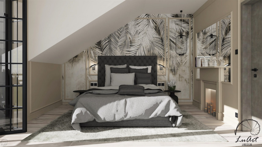 Sypialnia na poddaszu z tapicerowanym łóżkiem kontynentalnym w kolorze szarym