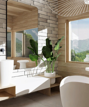 Łazienka z drewnem na ścianie i wanną wolnostojącą