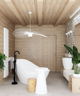 Łazienka z wanną wolnostojącą z drewnem na ścianie i suficie