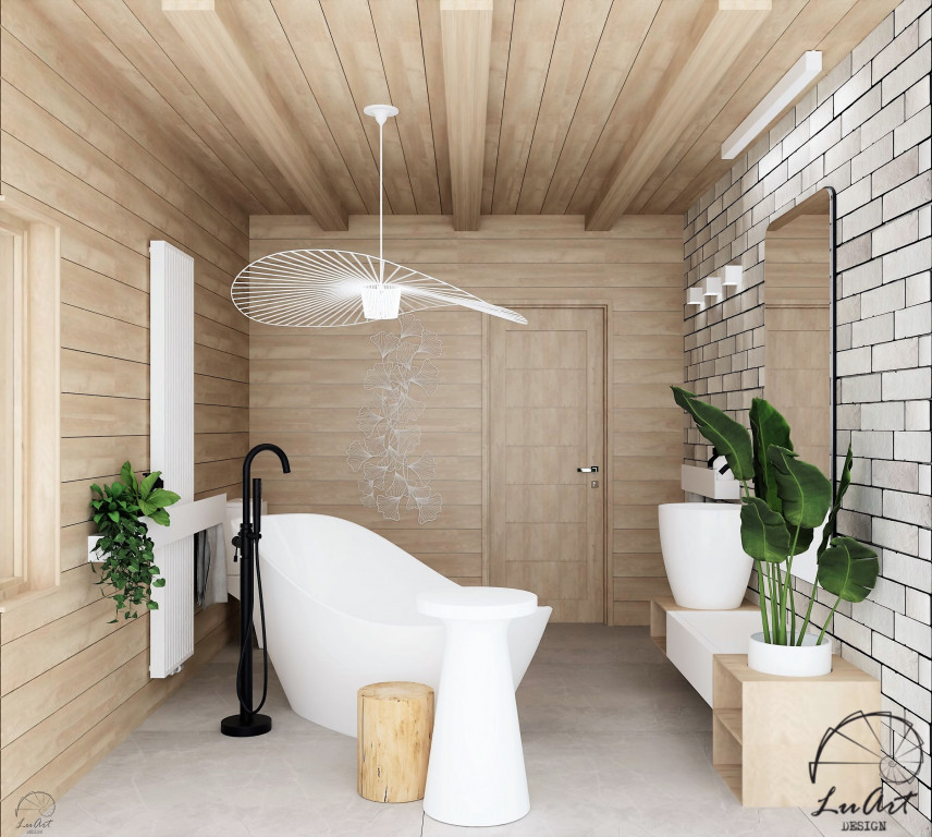 Łazienka z wanną wolnostojącą z drewnem na ścianie i suficie