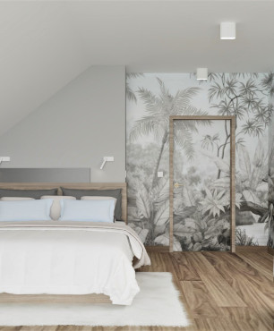 Duża sypialnia z tropikalną tapetą