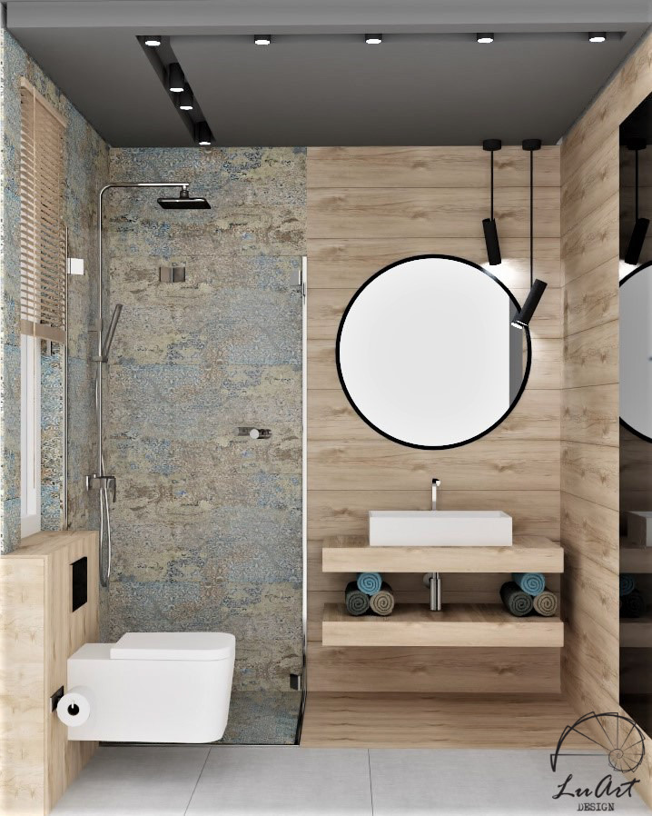 Mała łazienka z płytkami carpet oraz imitacją drewnianych