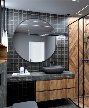 Łazienka w stylu industrialnym z kamiennym blatem w czarnym kolorze