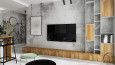 Korytarz, salon i kuchnia z betonem architektonicznym na ścianie