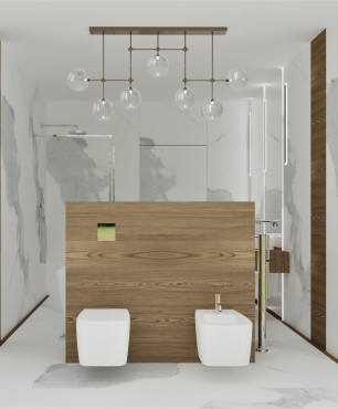 Duża łazienka z bidetem oraz muszlą wiszącą z białymi, marmurowymi płytkami na podłodze i ścianie