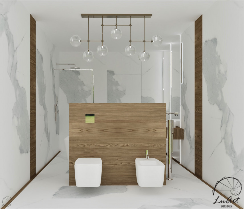 Duża łazienka z bidetem oraz muszlą wiszącą z białymi, marmurowymi płytkami na podłodze i ścianie