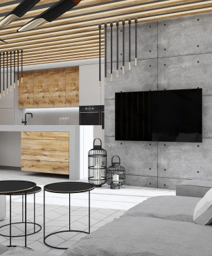 Duży salon w stylu industrialnym z betonem ozdobnym na ściance z telewizorem