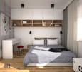 Sypialnia w stylu nowoczesnym z biurkiem i szafką wiszącą nad łóżkiem