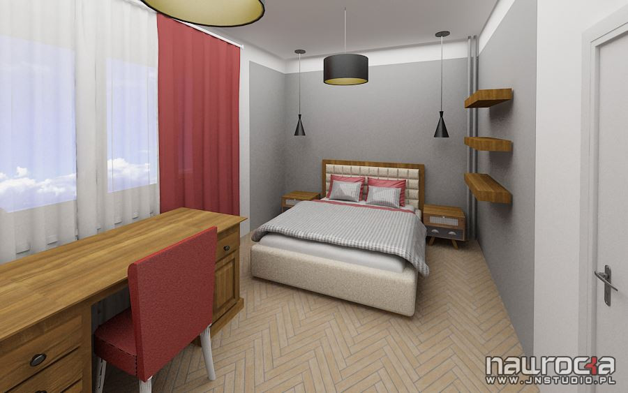Klasyczna sypialnia z łóżkiem kontynentalnym oraz z biurkiem i półkami mocowanymi do ściany