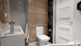 Łazienka z imitacją drewnianych płytek na ścianie oraz z muszlą wolnostojącą