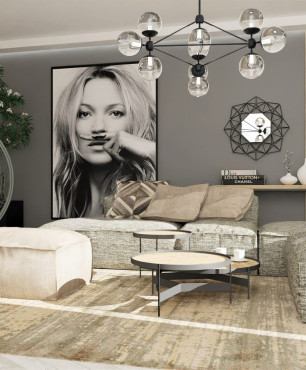 Salon ze stylowym fotelem wiszącym oraz dużym modnym obrazem na ścianie