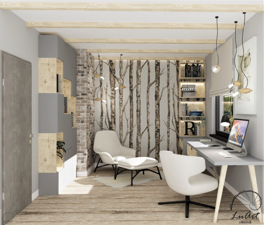 Domowe biuro z tapetą w brzozy na ścianie