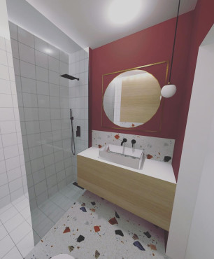 Nowoczesna łazienka z czerwonym kolorem ściany oraz z białymi płytkami na ścianie