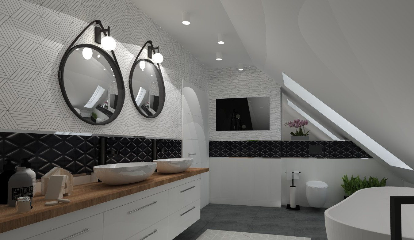 Łazienka z dwoma okrągłymi lustrami w czarnej ramie na ścianie