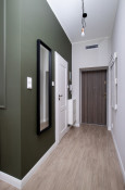 Przedpokój z prostokątnym lustrem w czarnej ramie zamontowanym do zielonej ściany