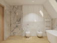 Łazienka na poddaszu z prysznicem i wanną wolnostojącą oraz bidetem i muszlą wiszącą