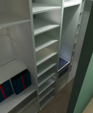 Sypialnia z garderobą otwartą z funkcjonalnymi półkami do przechowywania rzeczy i butów
