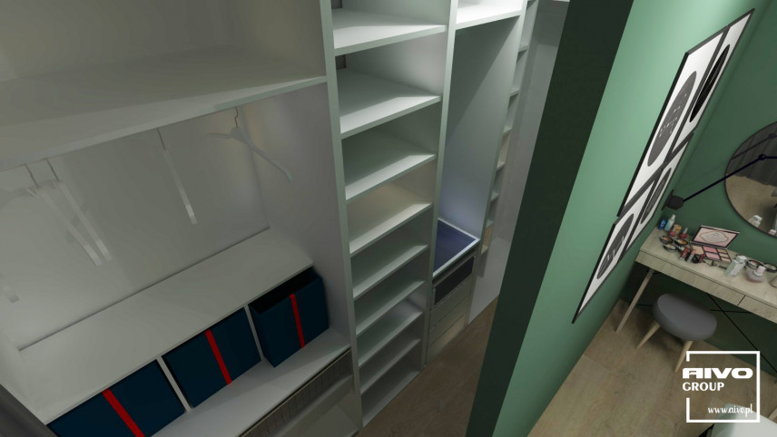 Sypialnia z garderobą otwartą z funkcjonalnymi półkami do przechowywania rzeczy i butów