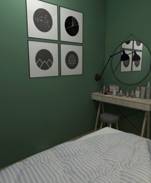 Sypialnia z kolorem butelkowej zieleni na ścianie oraz z toaletką