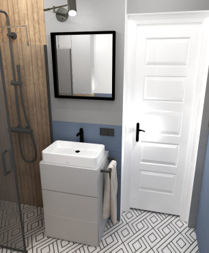 Nowoczesna łazienka z imitacją drewnianych płytek pod prysznicem oraz z wzorzystymi płytkami na podłodze