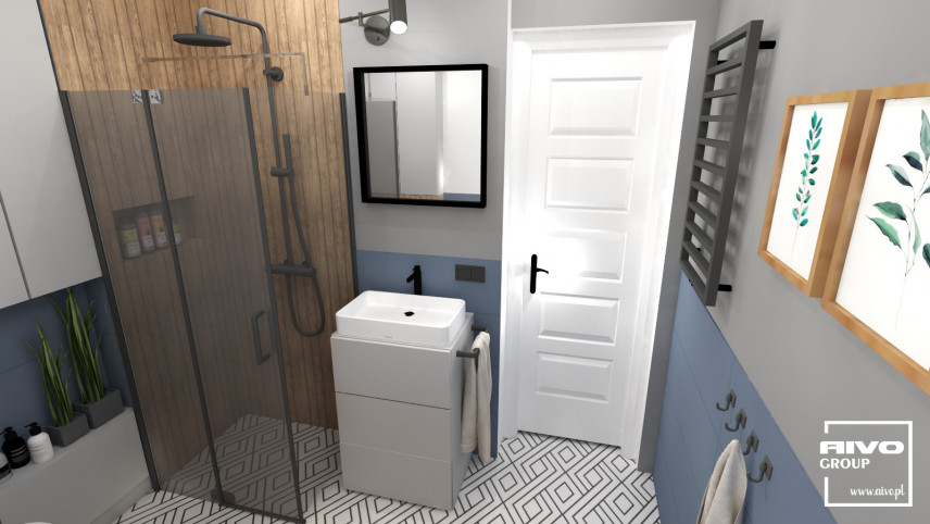 Nowoczesna łazienka z imitacją drewnianych płytek pod prysznicem oraz z wzorzystymi płytkami na podłodze