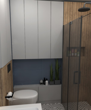 Łazienka z szara szafką wiszącą oraz z prysznicem z drzwiami przesuwnymi