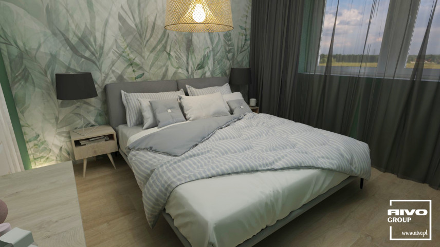 Sypialnia z motywem botanicznym na ścianie z ażurową lampą wiszącą