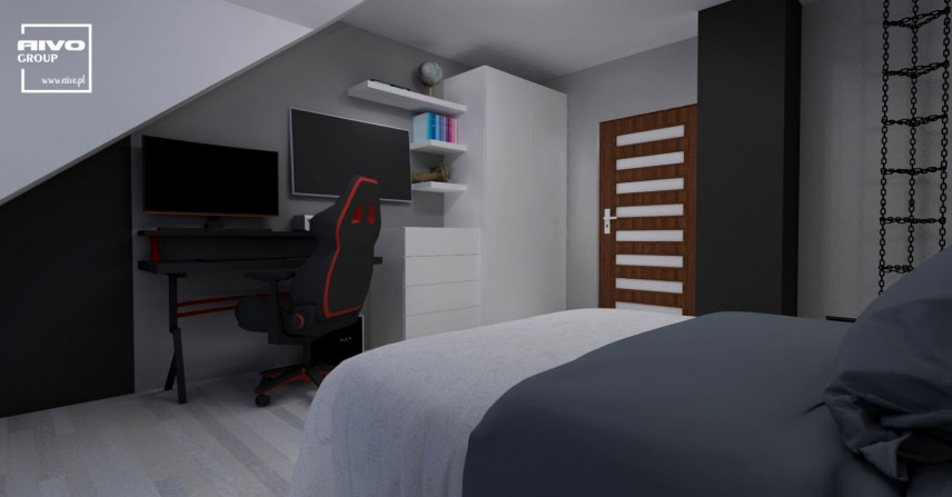 Pokój studenta z łóżkiem kontynentalnym oraz biurkiem i fotelem gamingowym
