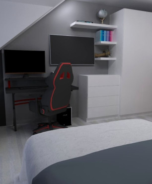 Pokój nastolatka na poddaszu z biurkiem, fotelem gamingowym, szafą oraz łóżkiem