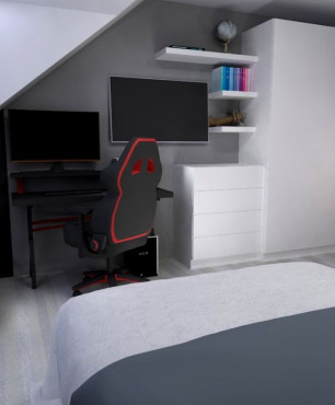 Pokój młodego mężczyzny z biurkiem i fotelem gamingowym, szafą oraz dużym łóżkiem