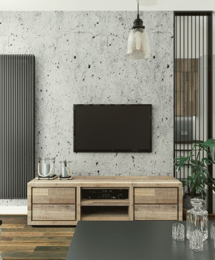 Aranżacja salonu z modą ścianką telewizyjną z betonem architektonicznym