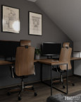 Biuro na poddaszu z dwoma biurkami i designerskimi krzesłami obrotowymi