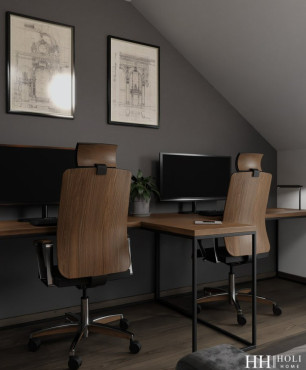 Biuro na poddaszu z dwoma biurkami i designerskimi krzesłami obrotowymi