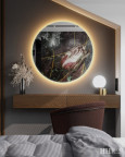 Sypialnia z toaletką z okrągłym lustrem oraz z drewnianym lamelem na ścianie