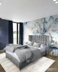 Sypialnia z szarym, tapicerowanym łóżkiem kontynentalnym z tapetą w kwiaty na stole